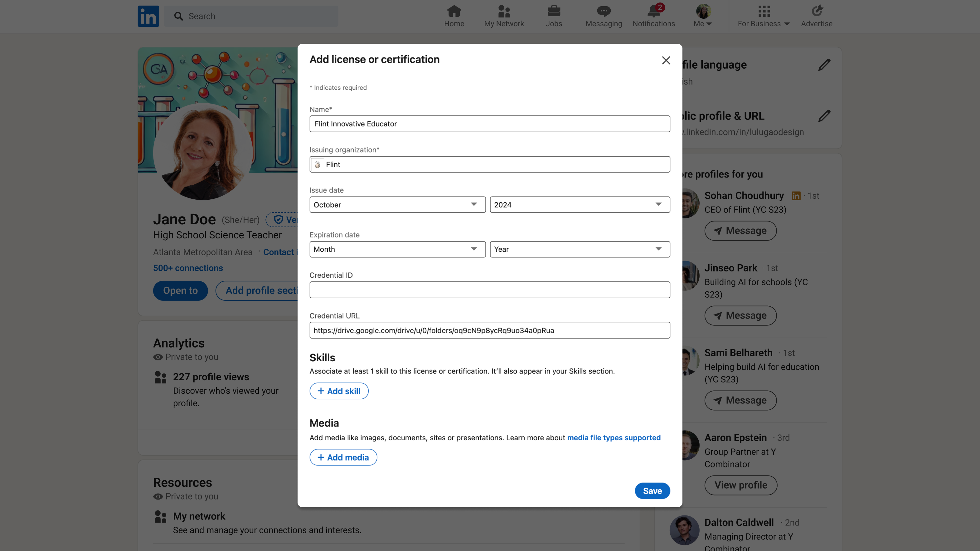 Older LinkedIn certification form filled with Flint Innovative Educator, Flint, an October 2024 issue date, and a Google Drive credential URL