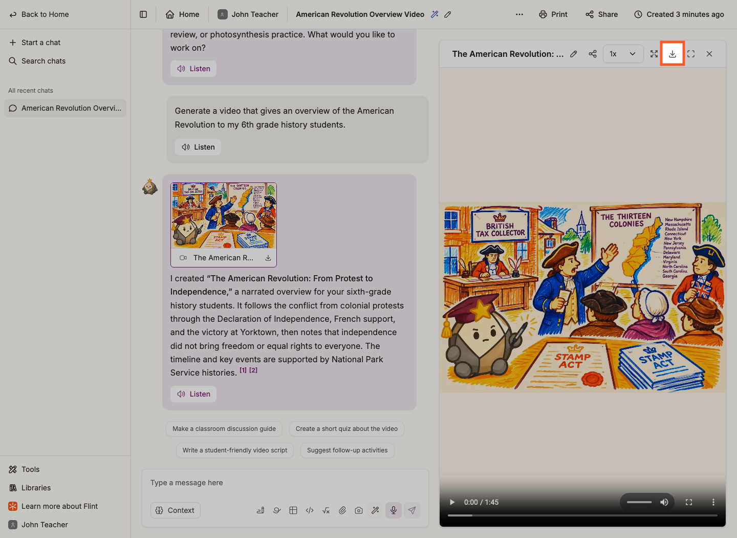 Download icon highlighted in the video player toolbar above the generated video