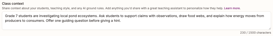 The Class context field for adding background about a class, with a 1500-character limit