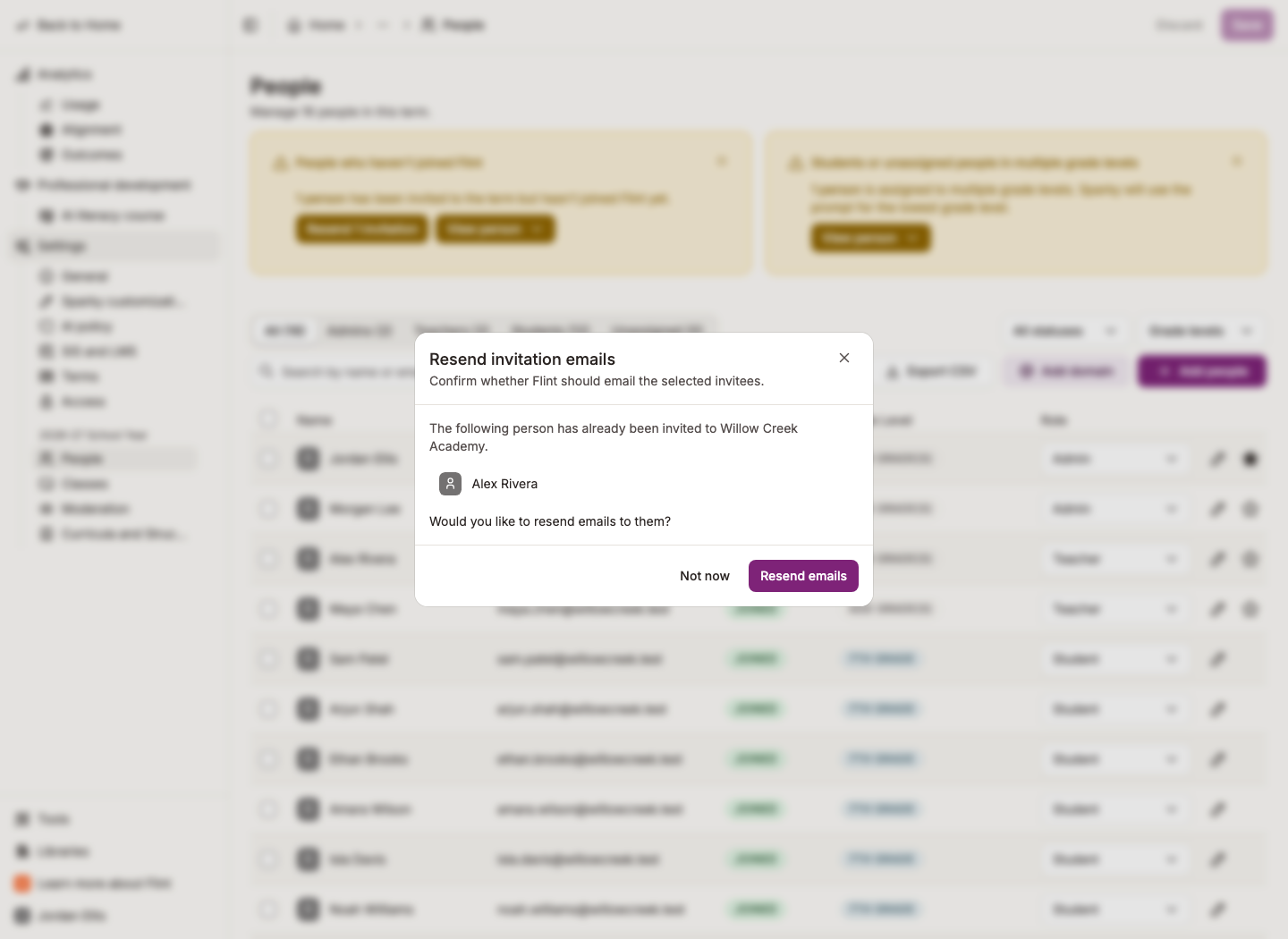 The Resend invitation emails dialog with Not now and Resend emails controls