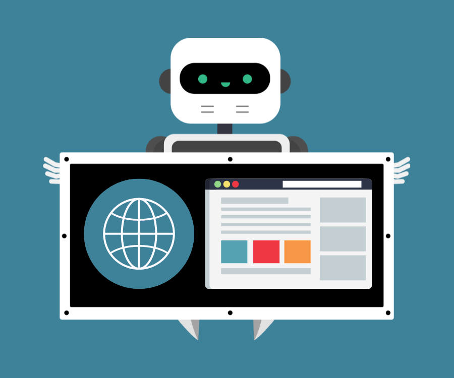 Robot holding a sign with a globe and webpage, illustrating internet training data