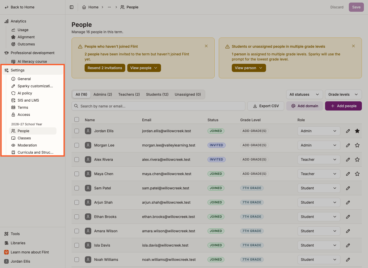 Admin settings in the school sidebar