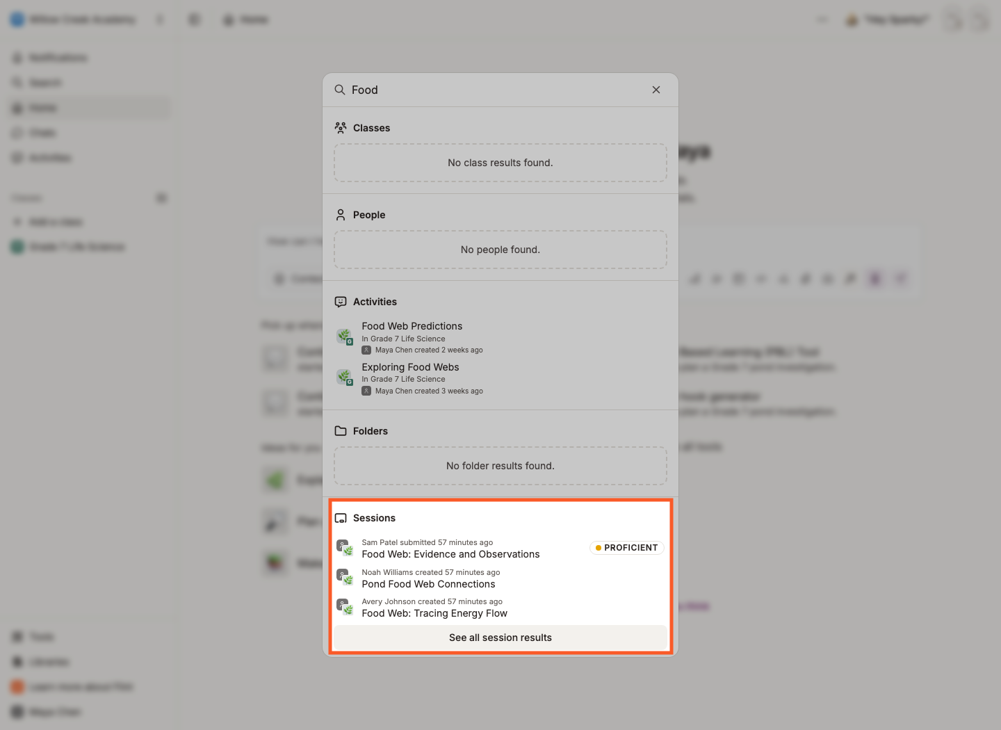 The Sessions section of the Search panel, highlighting the "See all session results" link