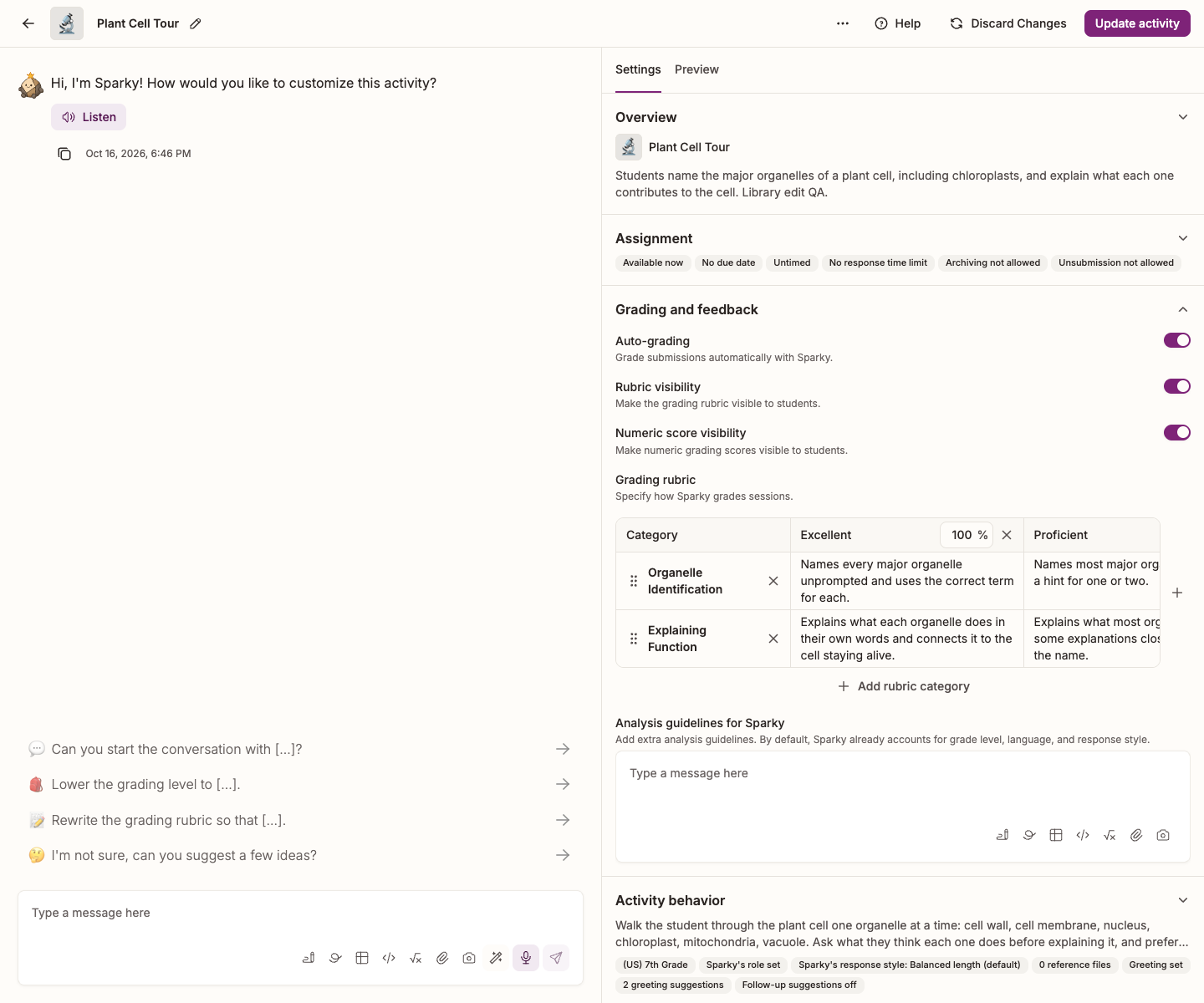 Auto-grading, Rubric visibility and Numeric score visibility switches in the Grading and feedback section