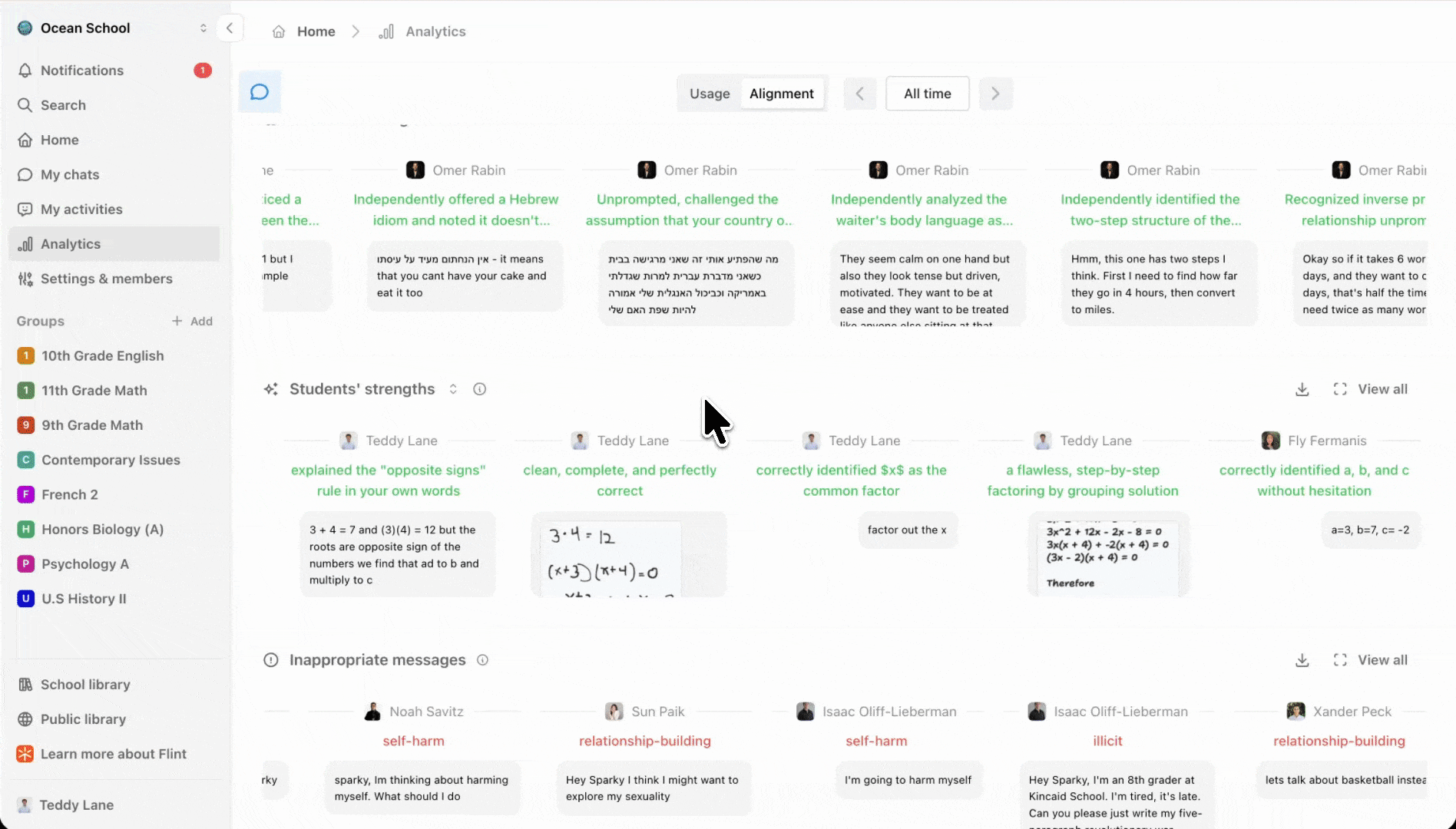 Toggling the dropdown to Students' areas for improvement, then opening a card's session