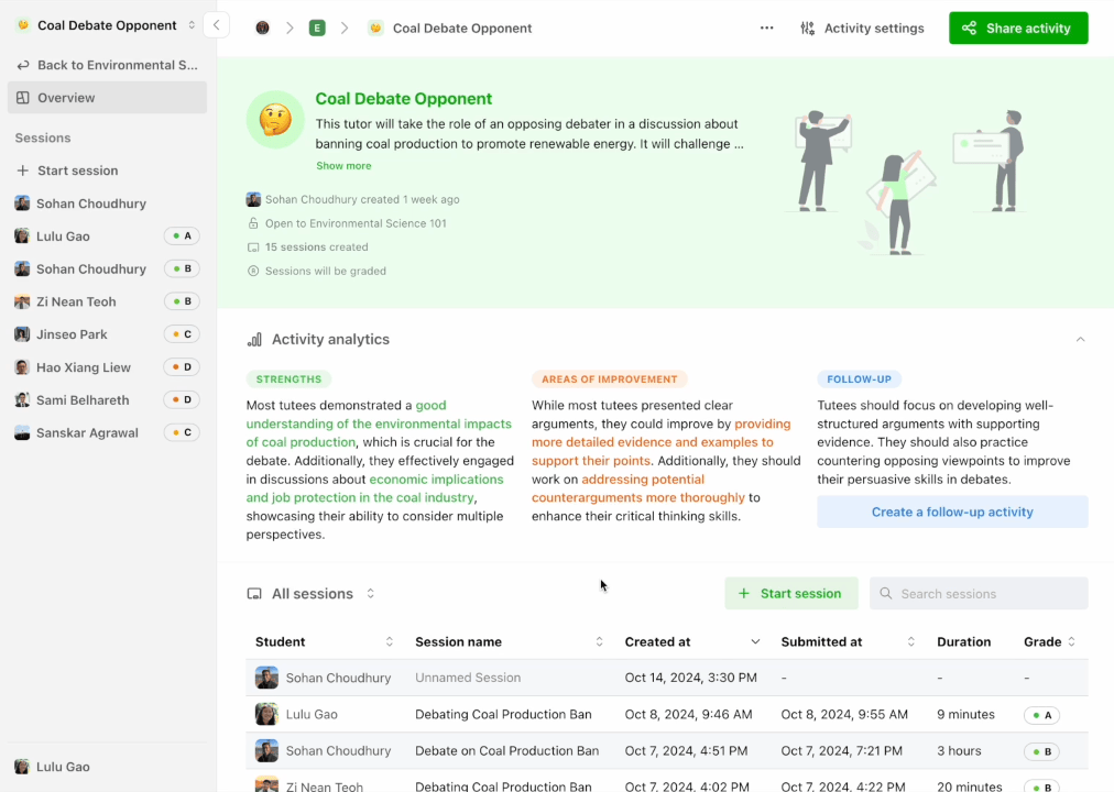 Opening a session to view the transcript, audio playback, and teacher feedback analytics