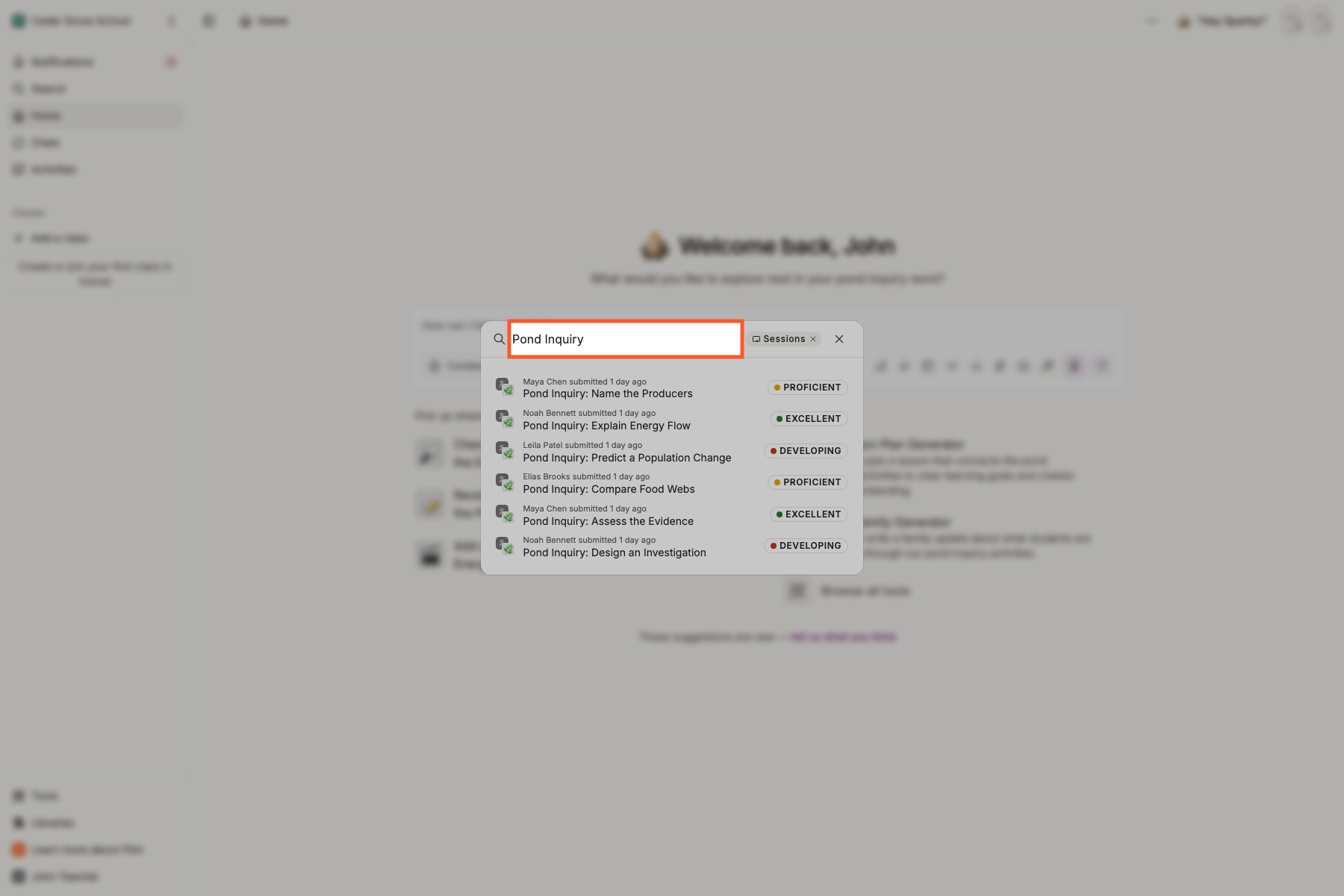 Session search results for pond inquiry in the Search panel