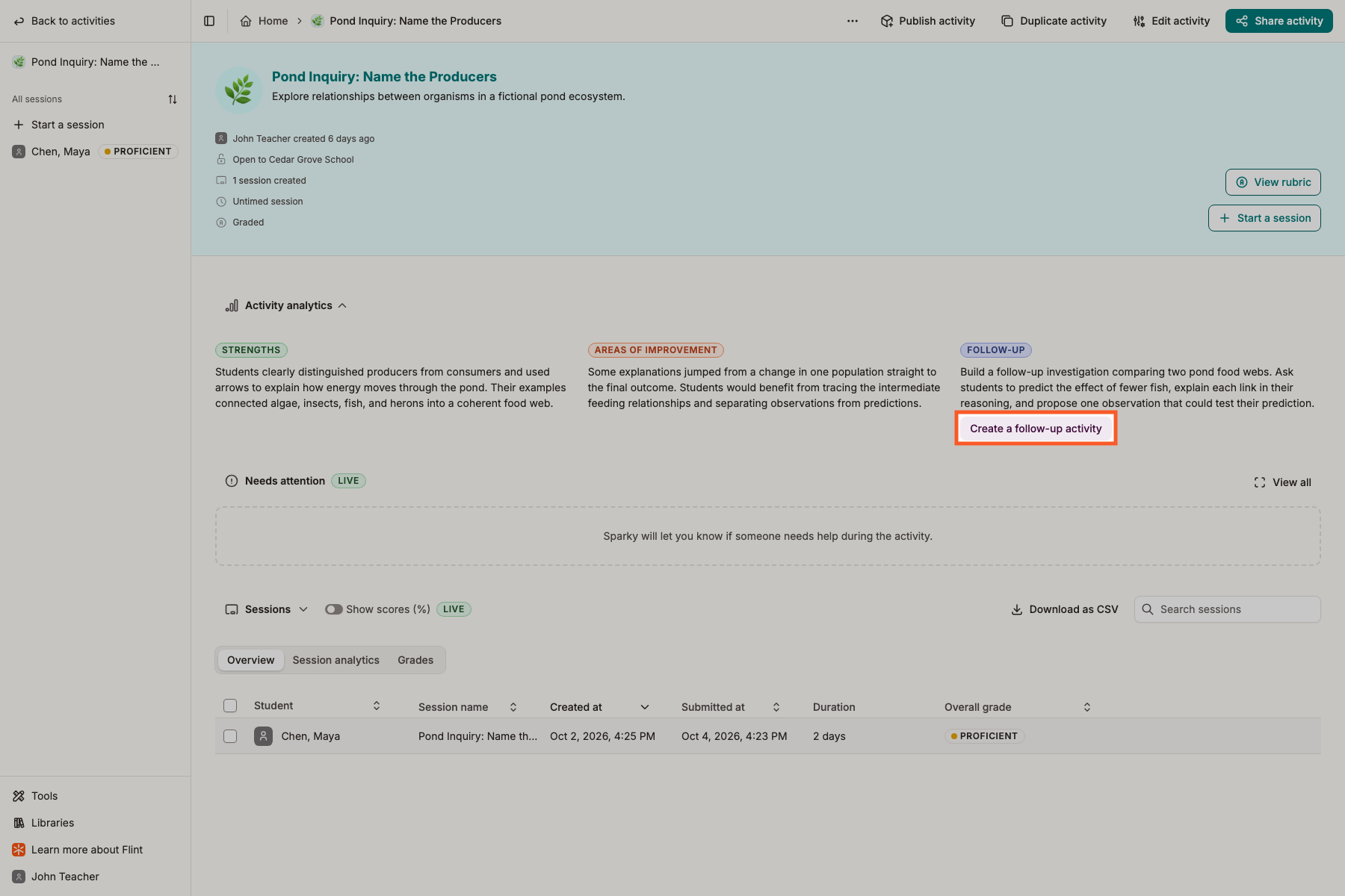 The "Create a follow-up activity" button highlighted below the Follow-up column