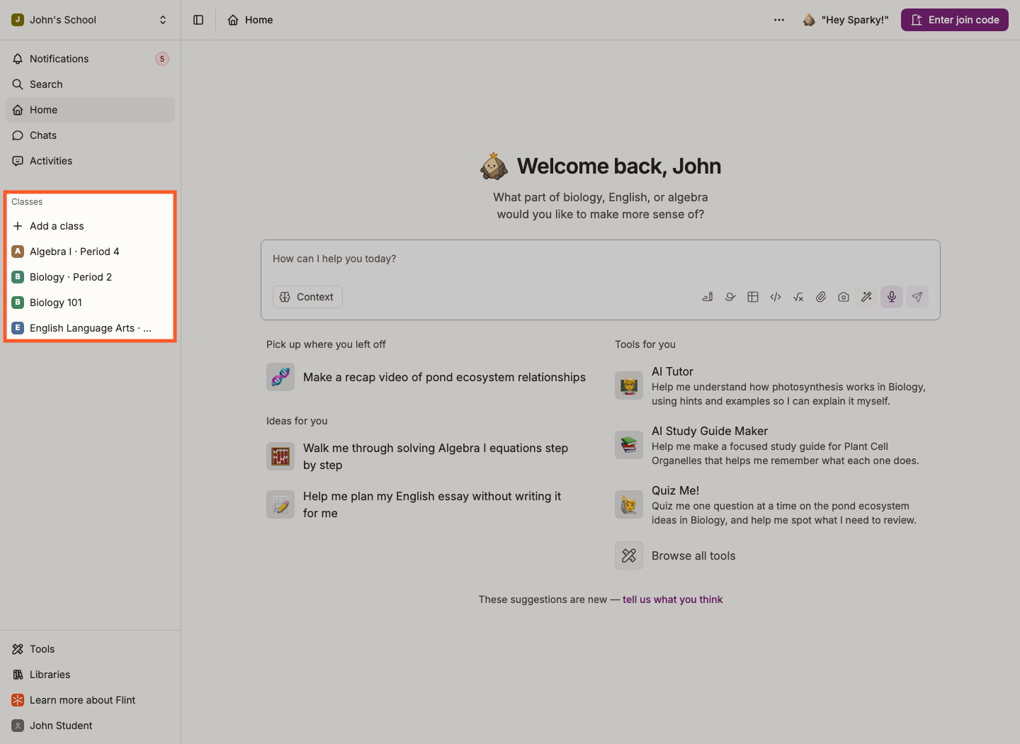 The student Home page with the Classes list highlighted in the sidebar