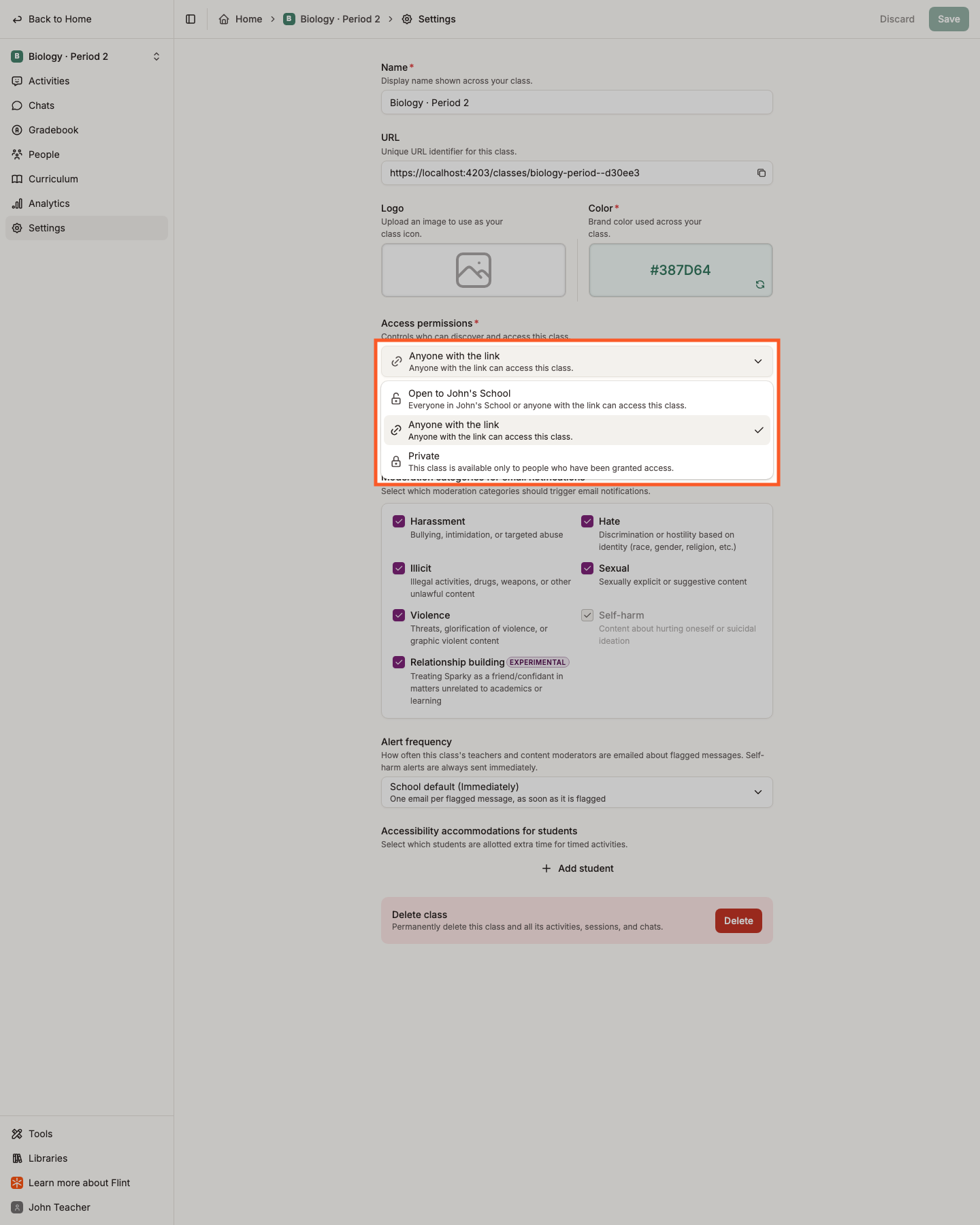 The Access permissions dropdown in class settings