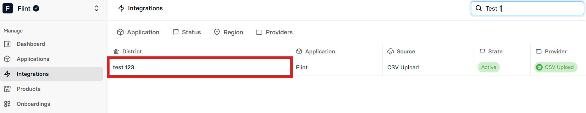 EdLink Integrations list with a district's integration row highlighted