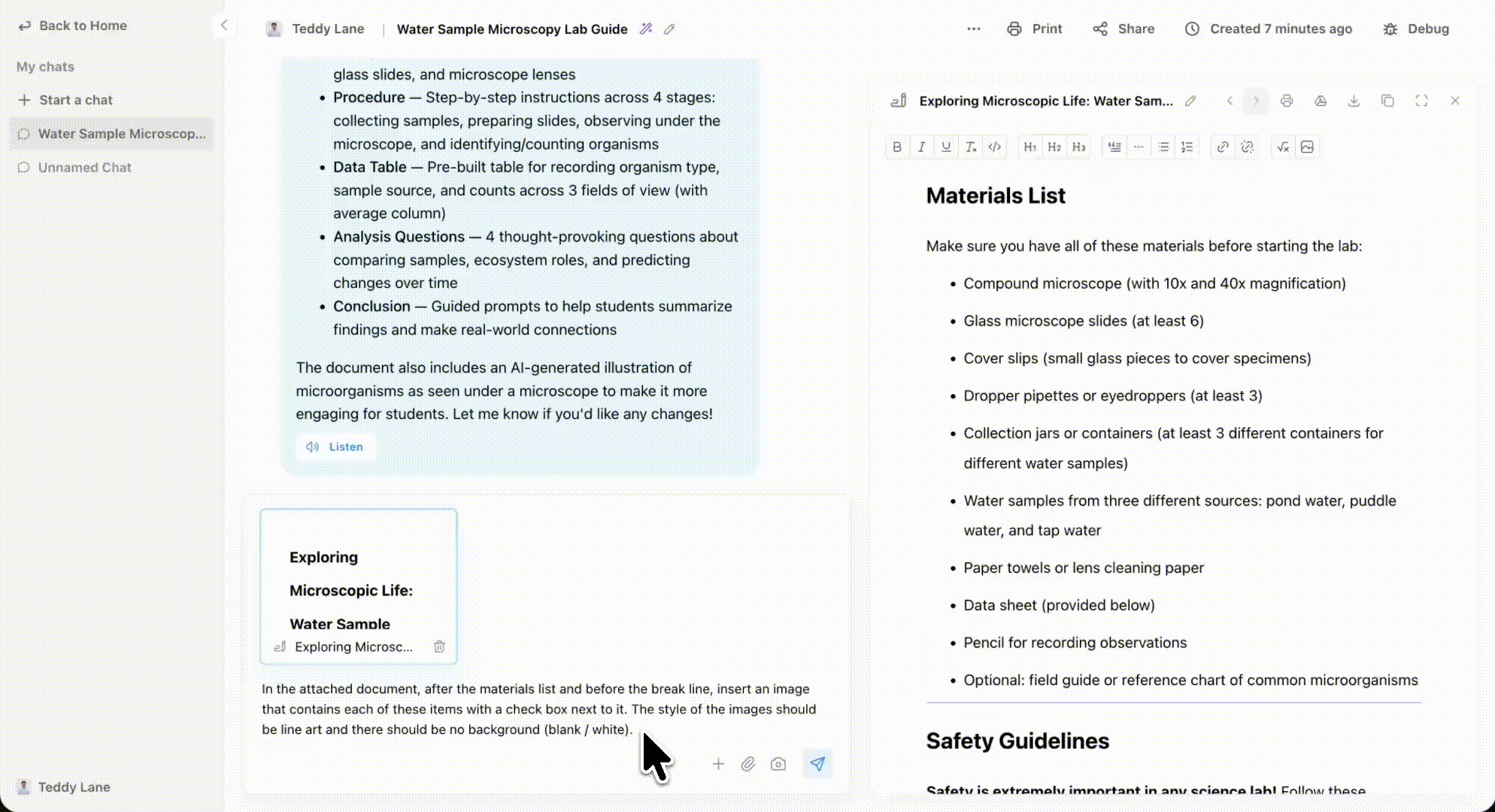 Asking Sparky to add an image to an existing lab worksheet, which inserts a line art materials checklist