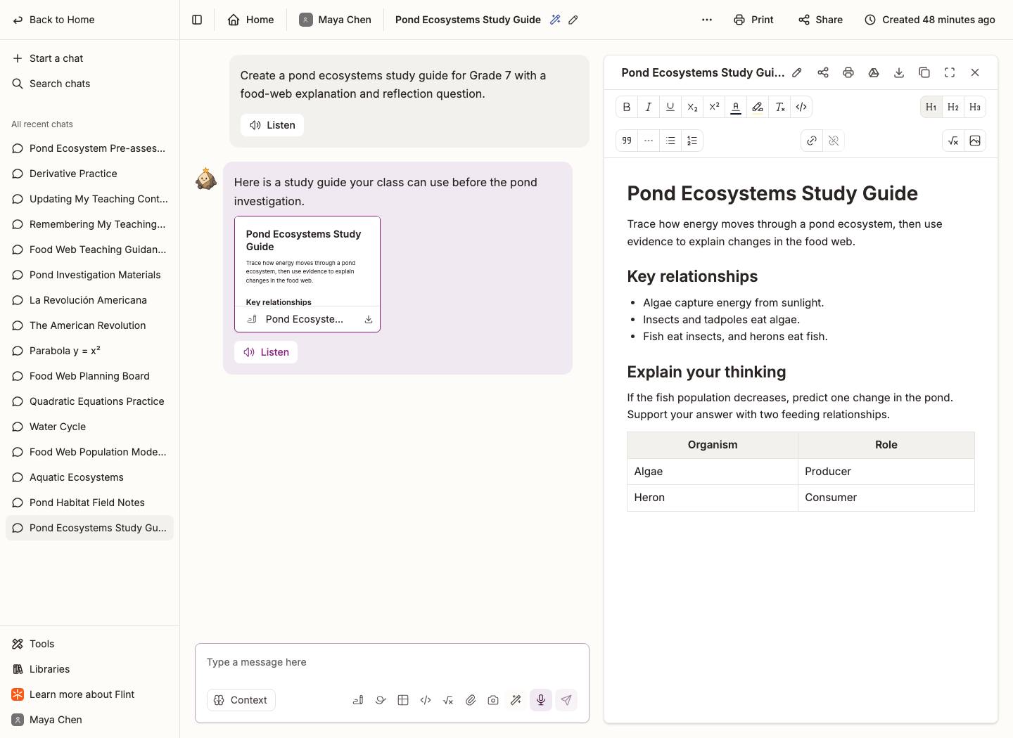 A Pond Ecosystems Study Guide document open beside a stand-alone chat with Sparky