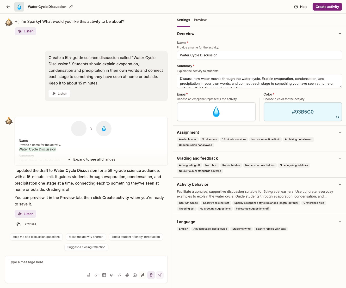 The Settings tab beside the builder conversation, with Create activity in the top right
