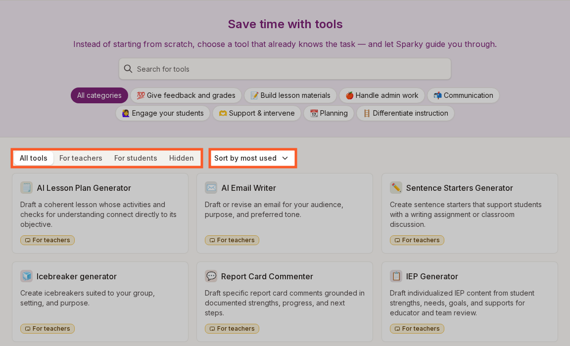 The Tools page with the All tools, For teachers, For students and Hidden tabs and the Sort by most used menu highlighted
