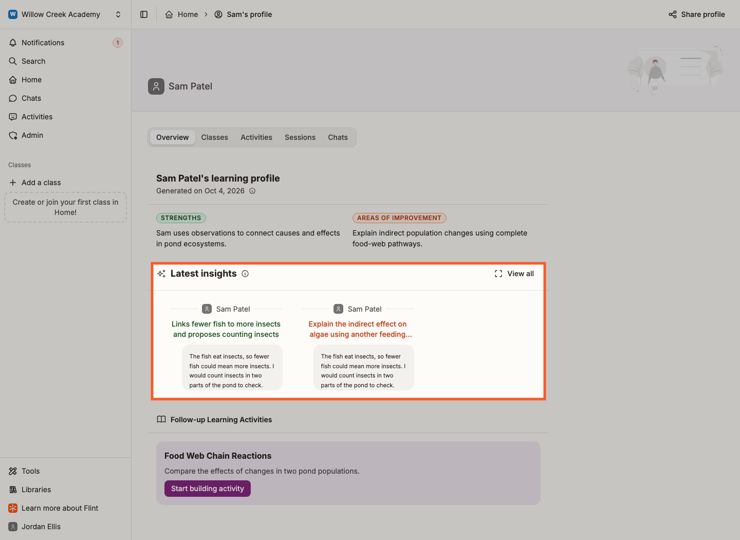 Latest insights cards in a fictional student learning profile