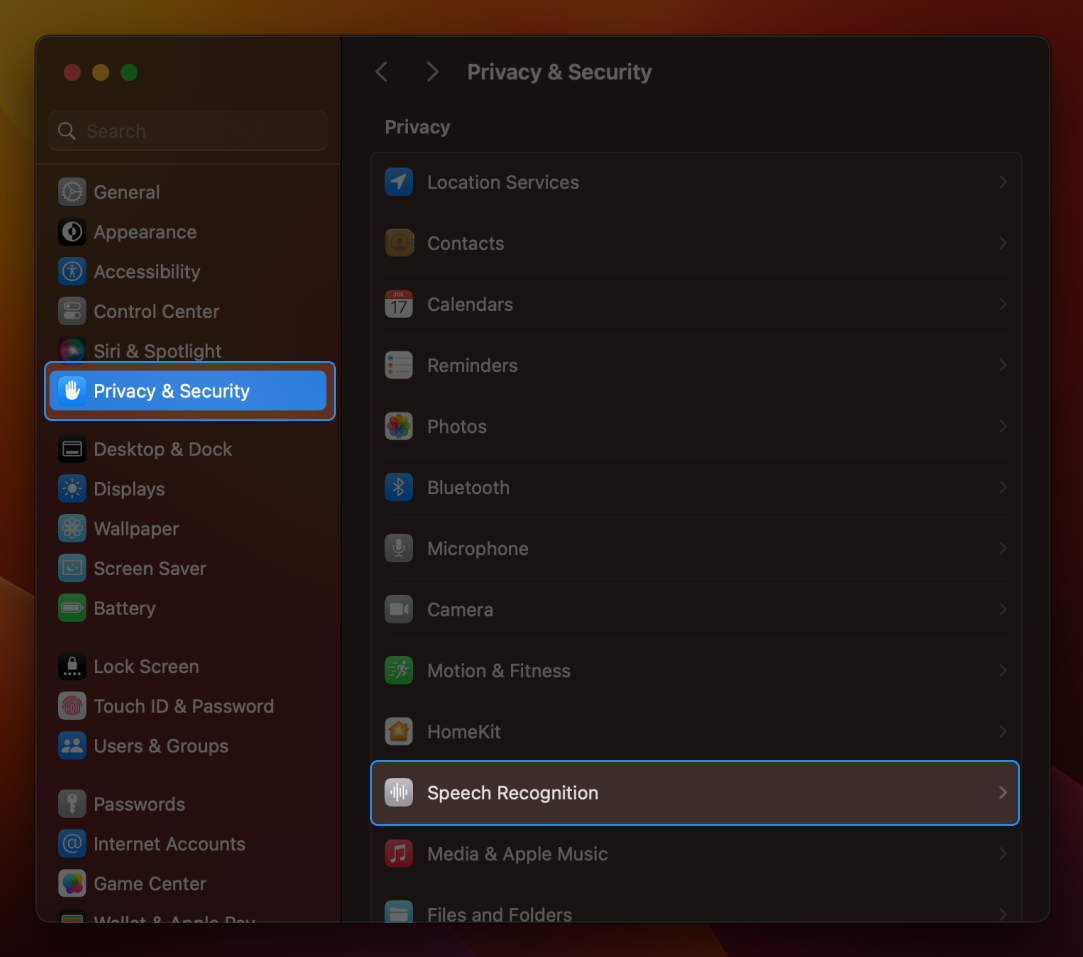 macOS Privacy & Security settings with Speech Recognition highlighted in the list