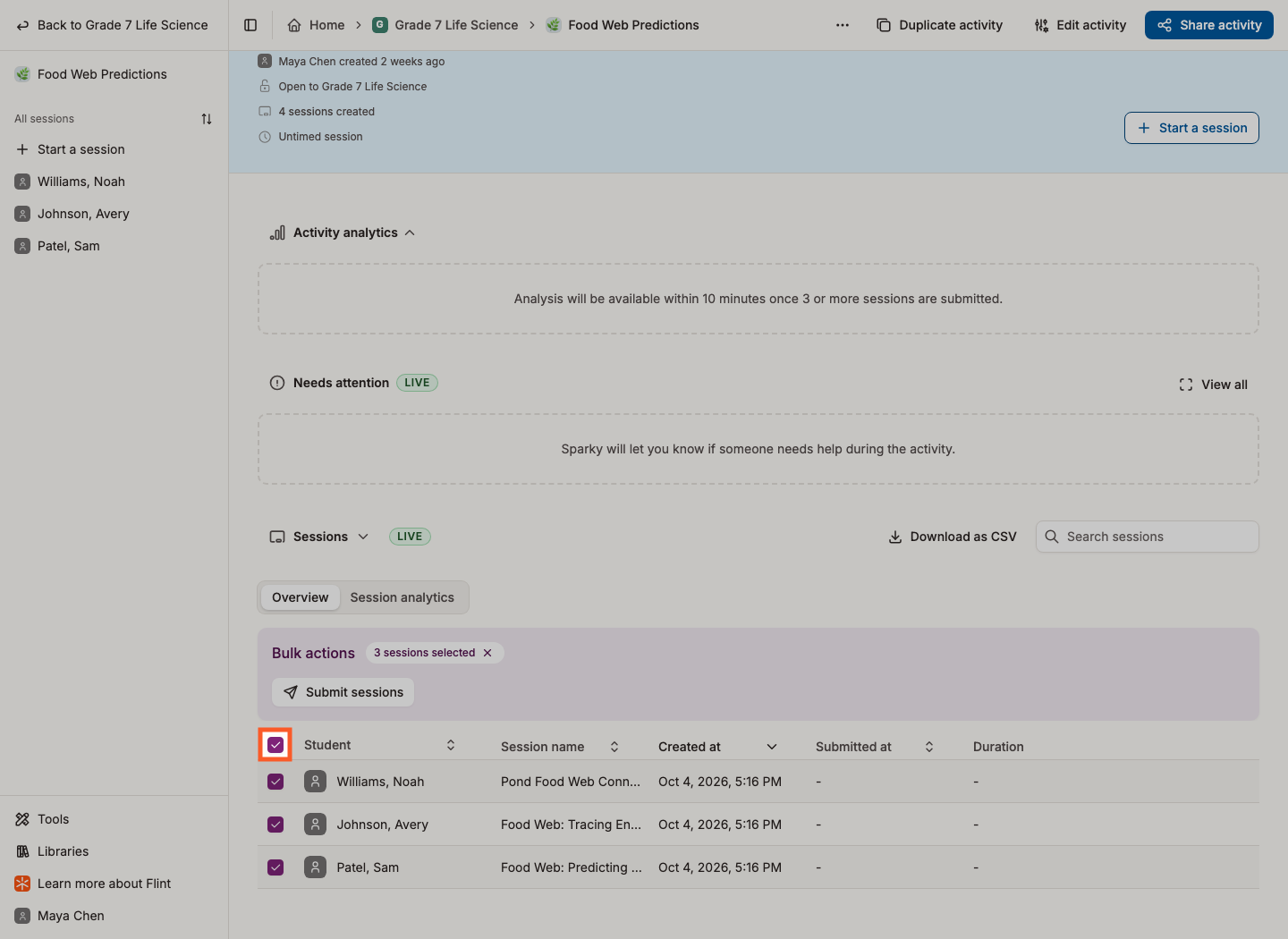 All sessions checked, revealing the Bulk actions panel with Submit sessions