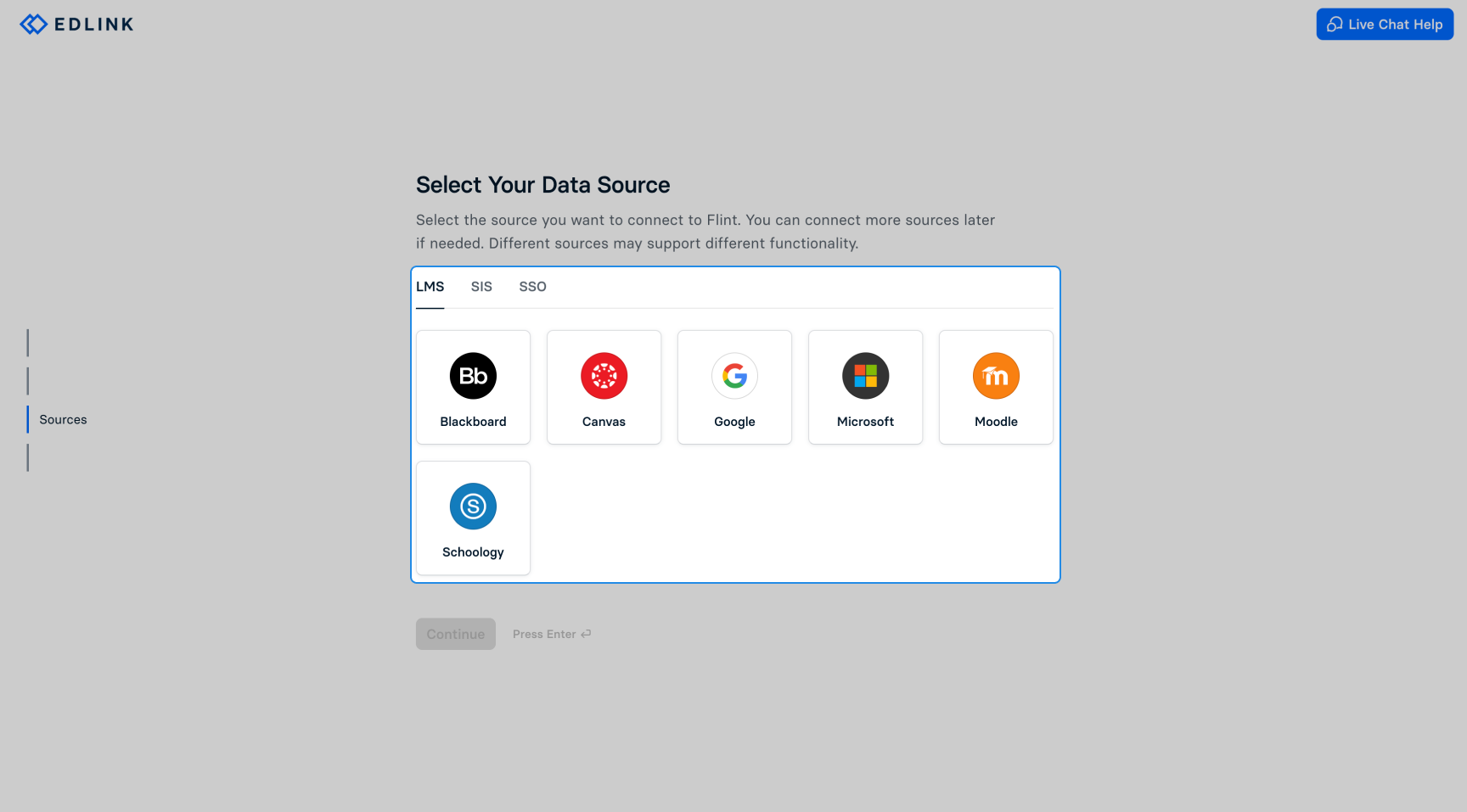 Edlink's Select Your Data Source screen with LMS, SIS and SSO tabs and LMS options including Blackboard, Canvas and Schoology