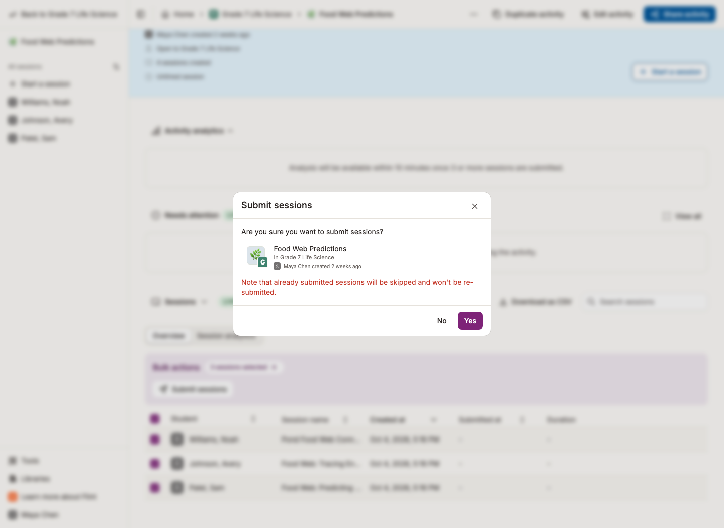 Submit sessions confirmation dialog with No and Yes buttons