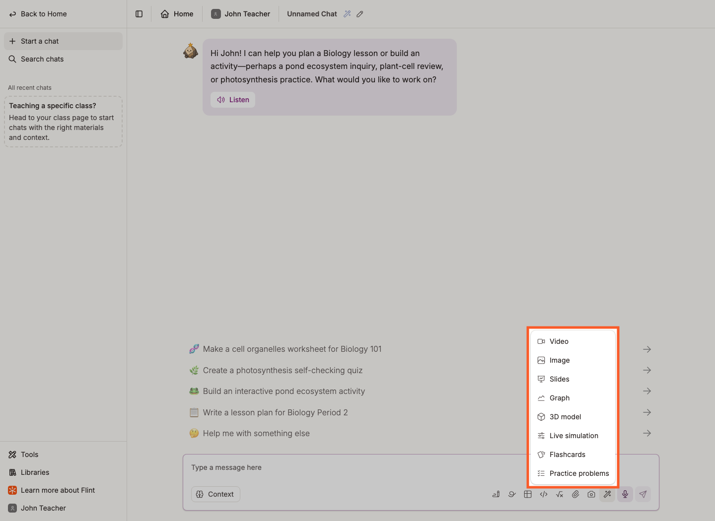 The Generate content menu open in a chat, listing Video, Image, Slides, Graph, 3D model, Live simulation, Flashcards and Practice problems