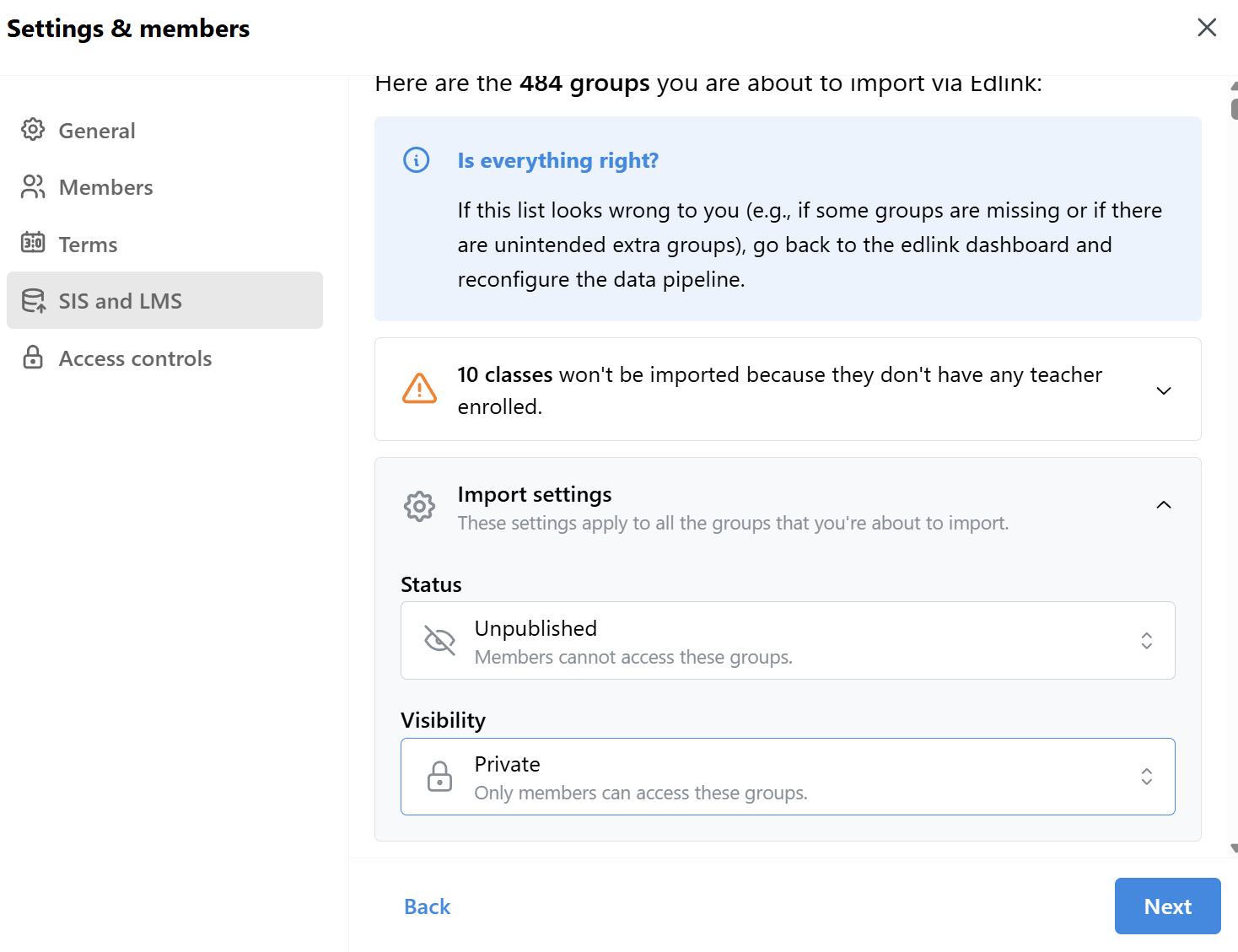 EdLink import settings with class visibility set to Private and status set to Unpublished