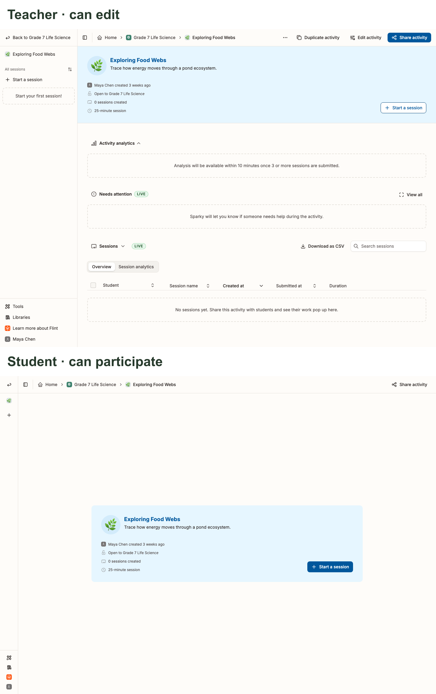 Teacher and student activity views, showing the teacher controls and the student session view