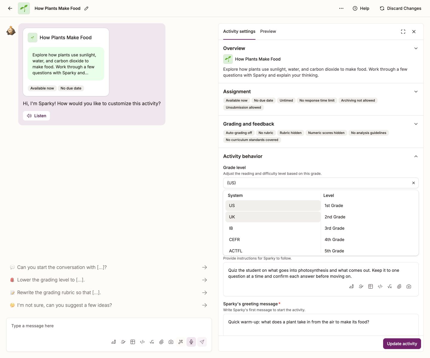The Grade level picker showing the US system and available levels