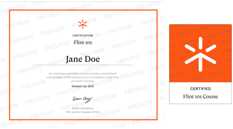 A preview of the Flint 101 certificate and completion badge