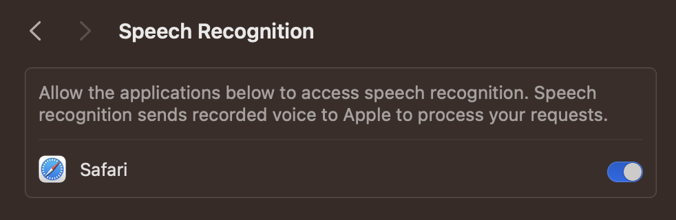 The Speech Recognition setting with the toggle for Safari turned on