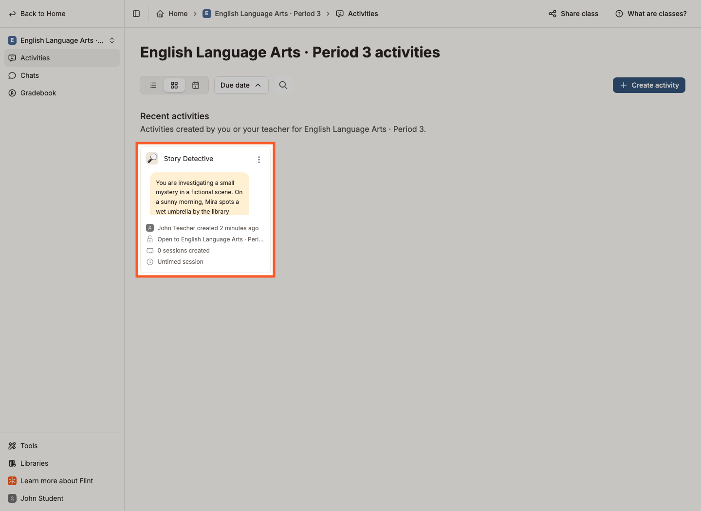 An activity card highlighted on the Activities page