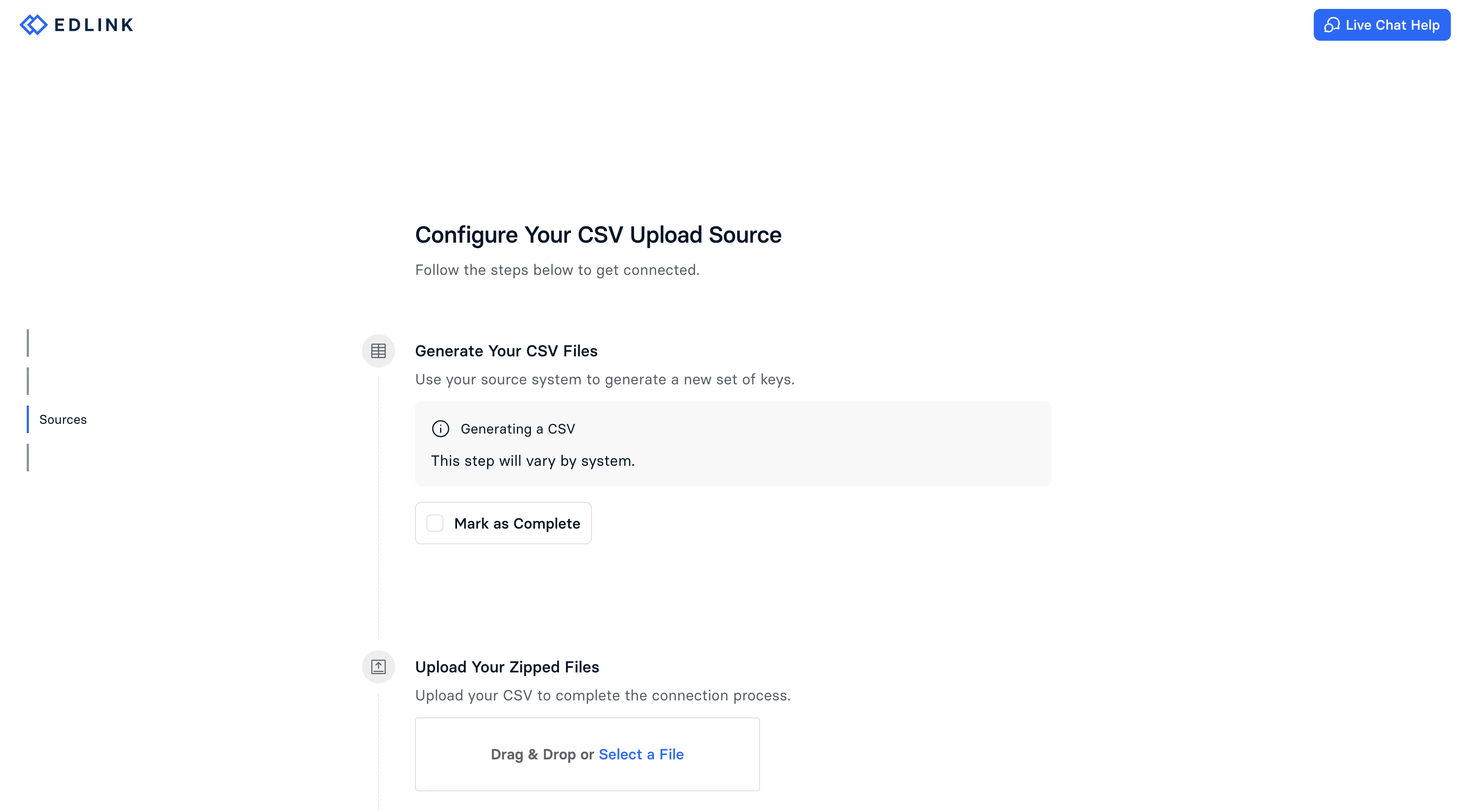 Edlink's CSV upload configuration shown larger, with steps for generating keys and uploading the zipped files