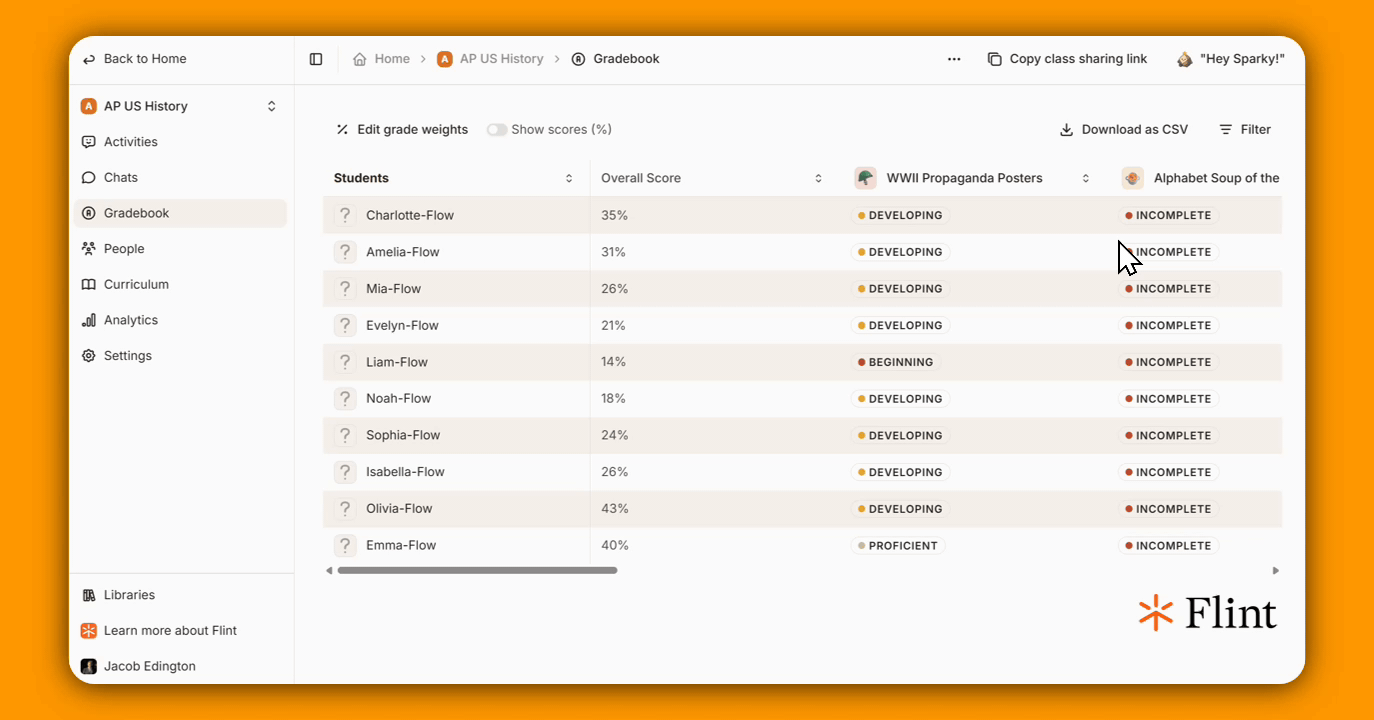 Clicking Download as CSV to export the Gradebook data