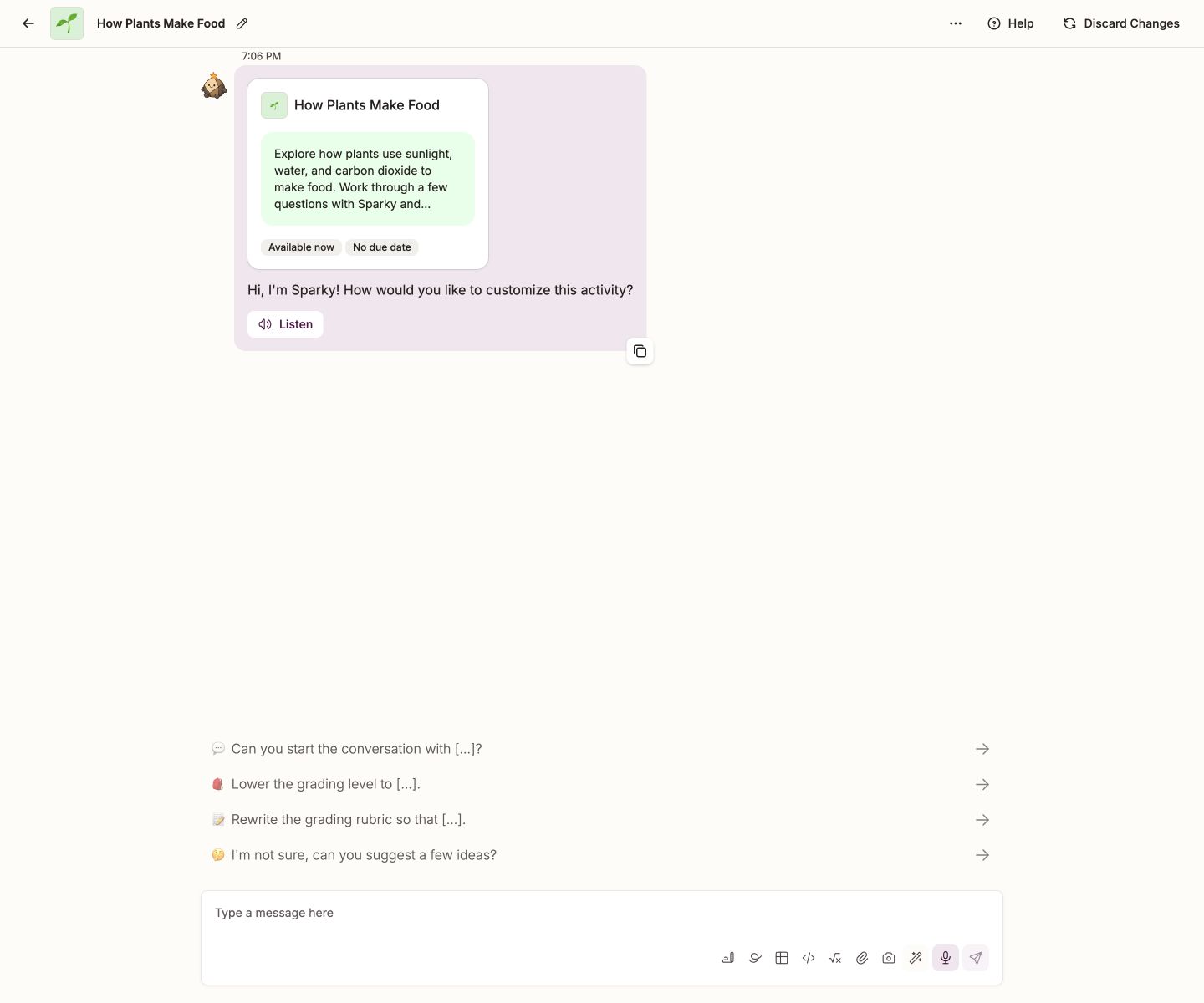 The builder conversation with a clickable activity thumbnail