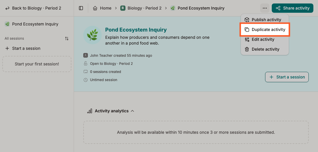 The activity action menu with Duplicate activity highlighted