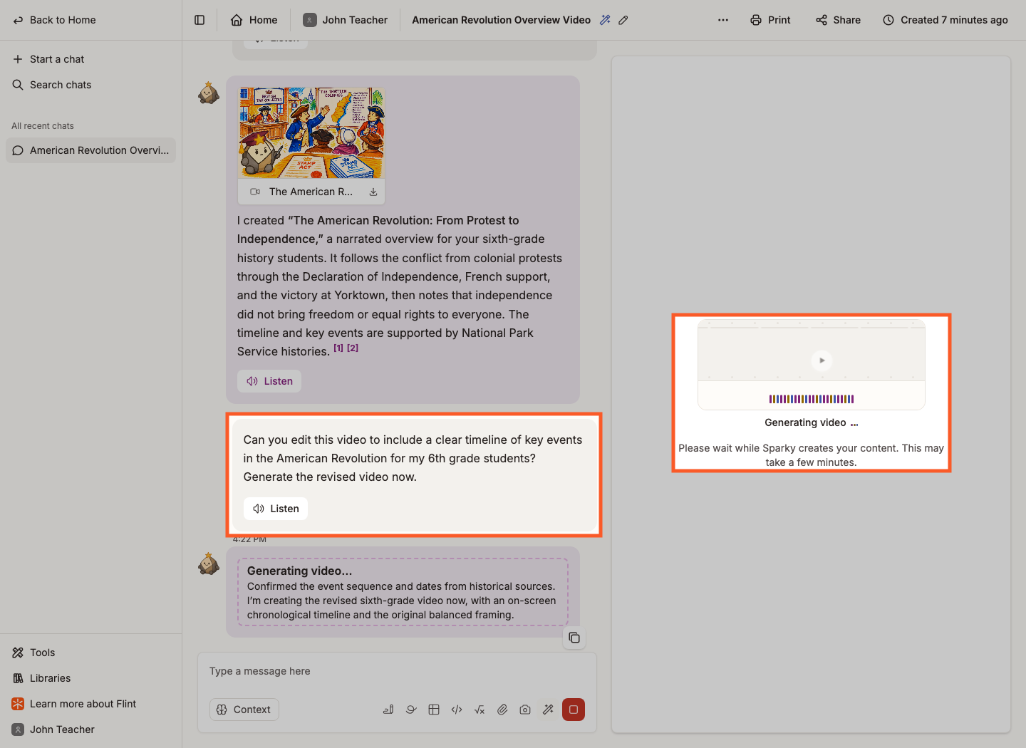 Requesting a timeline revision, with the original video thumbnail in the chat and a Generating video panel for the new version