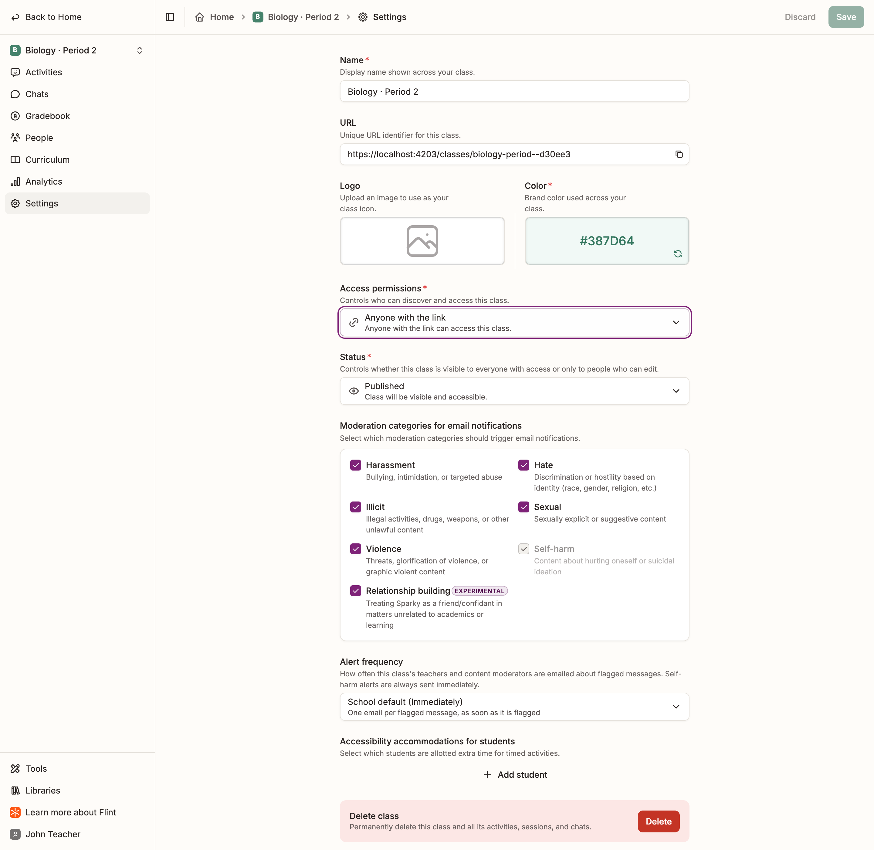 Class Settings with Access permissions set to Anyone with the link, Status set to Published, and moderation controls below