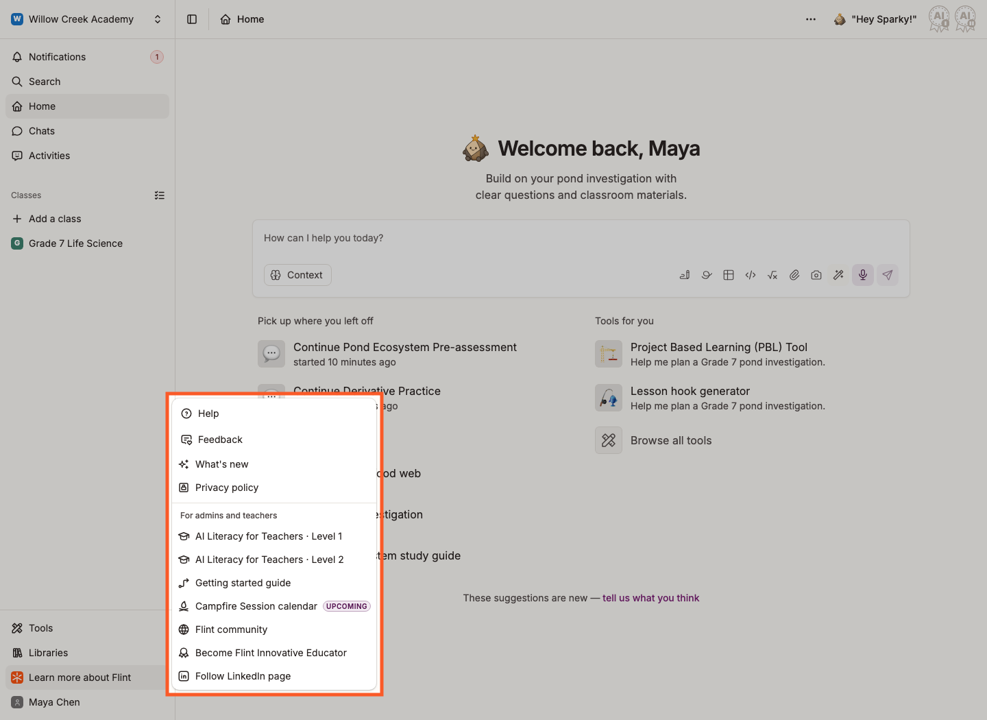 The Learn more about Flint menu opened from the sidebar, with Help listed at the top