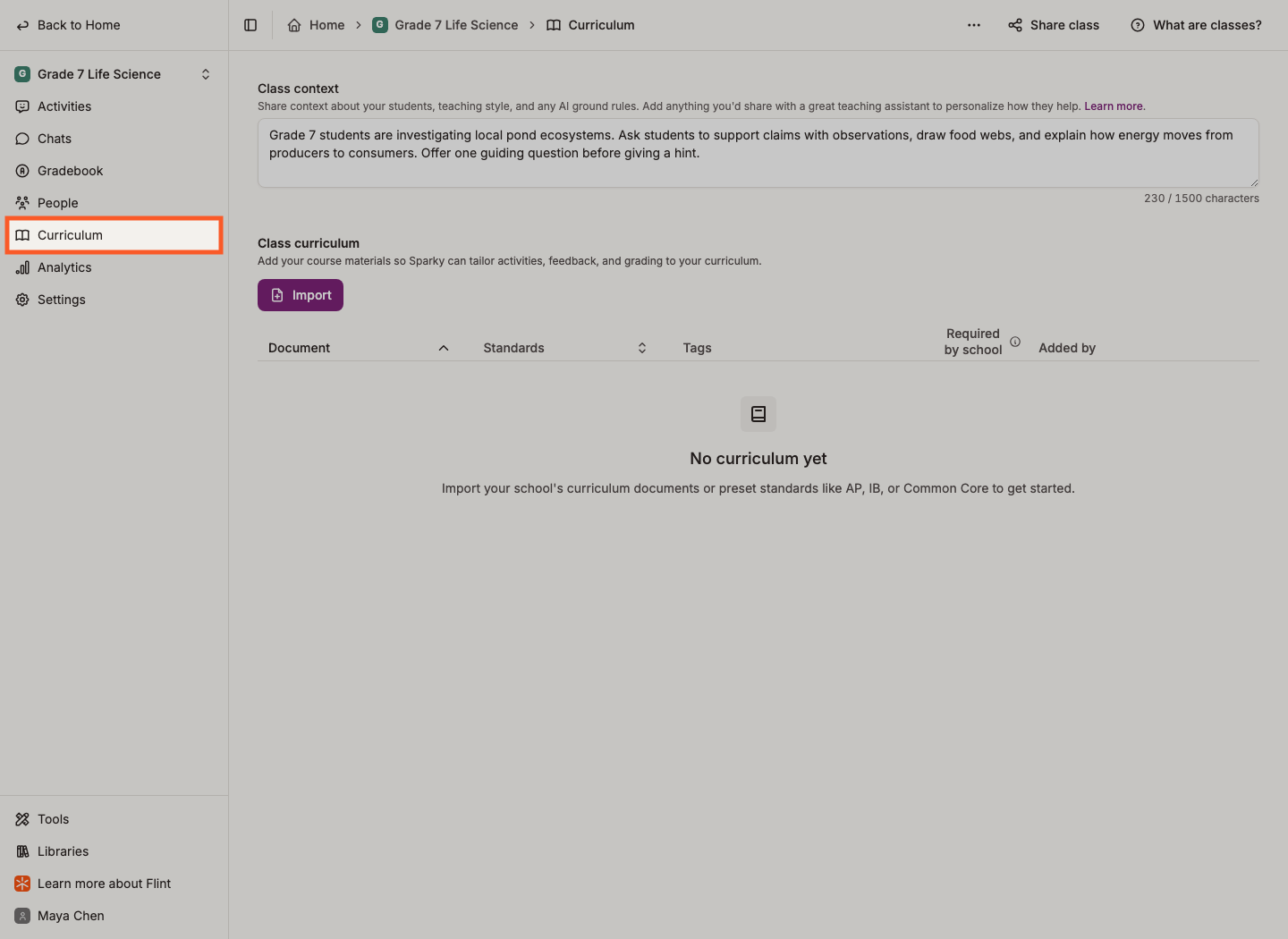 Curriculum highlighted in the class sidebar