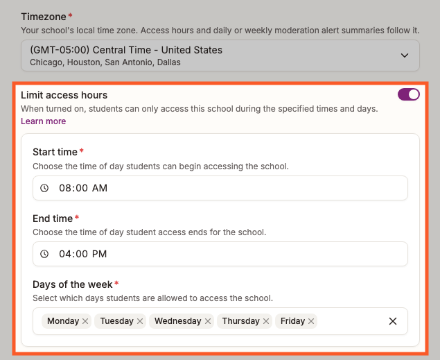 Access controls tab with Limit access hours toggle, timezone, time range, and days of week