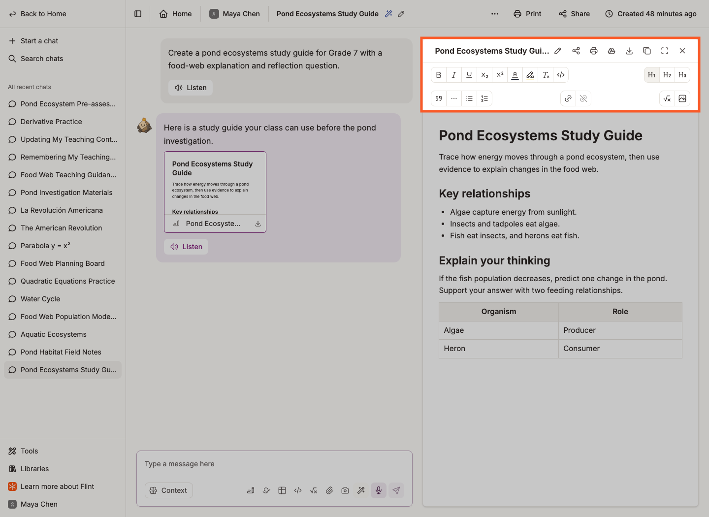 The document panel with its formatting toolbar along the top