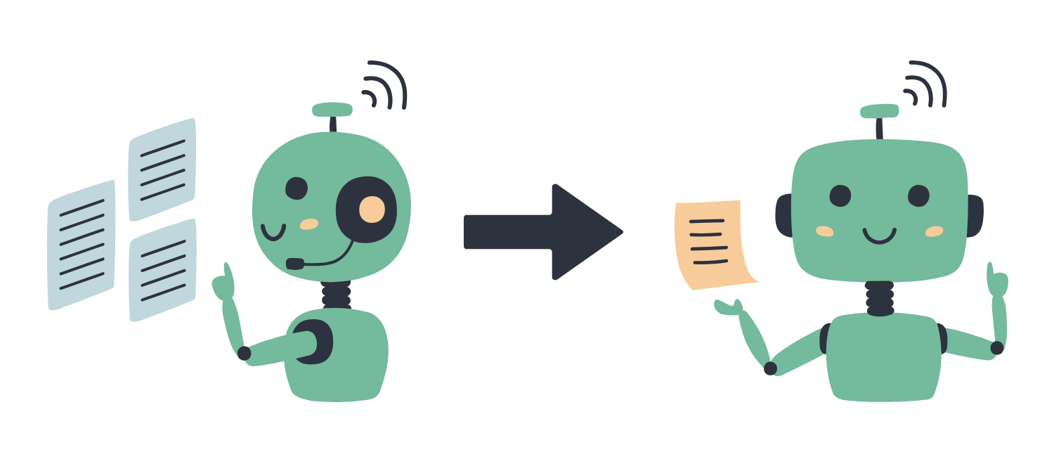 A robot illustration showing multiple input documents processed into a single output document