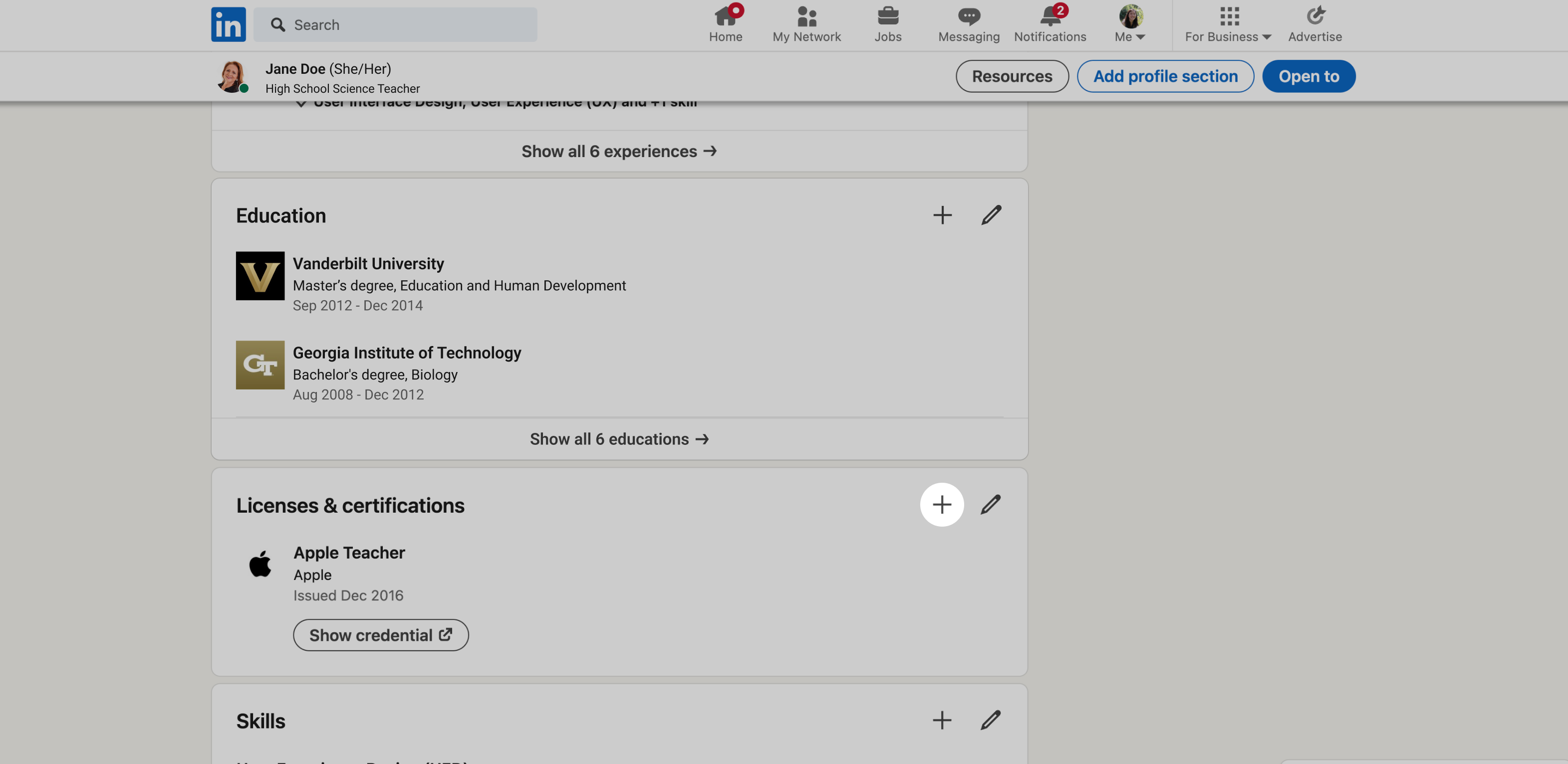 Plus icon highlighted next to Licenses & certifications on a LinkedIn profile