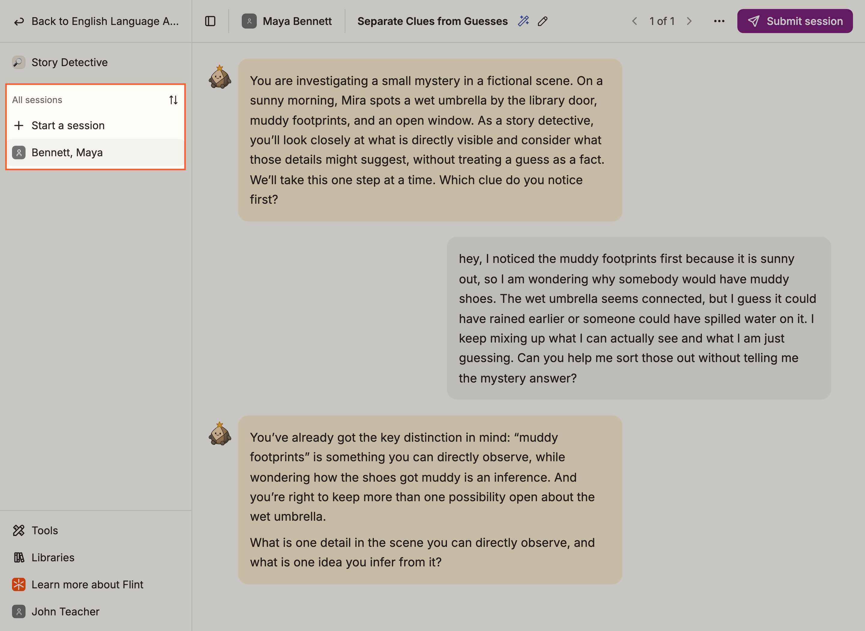 All sessions highlighted in the sidebar of a Story Detective session, with one student listed