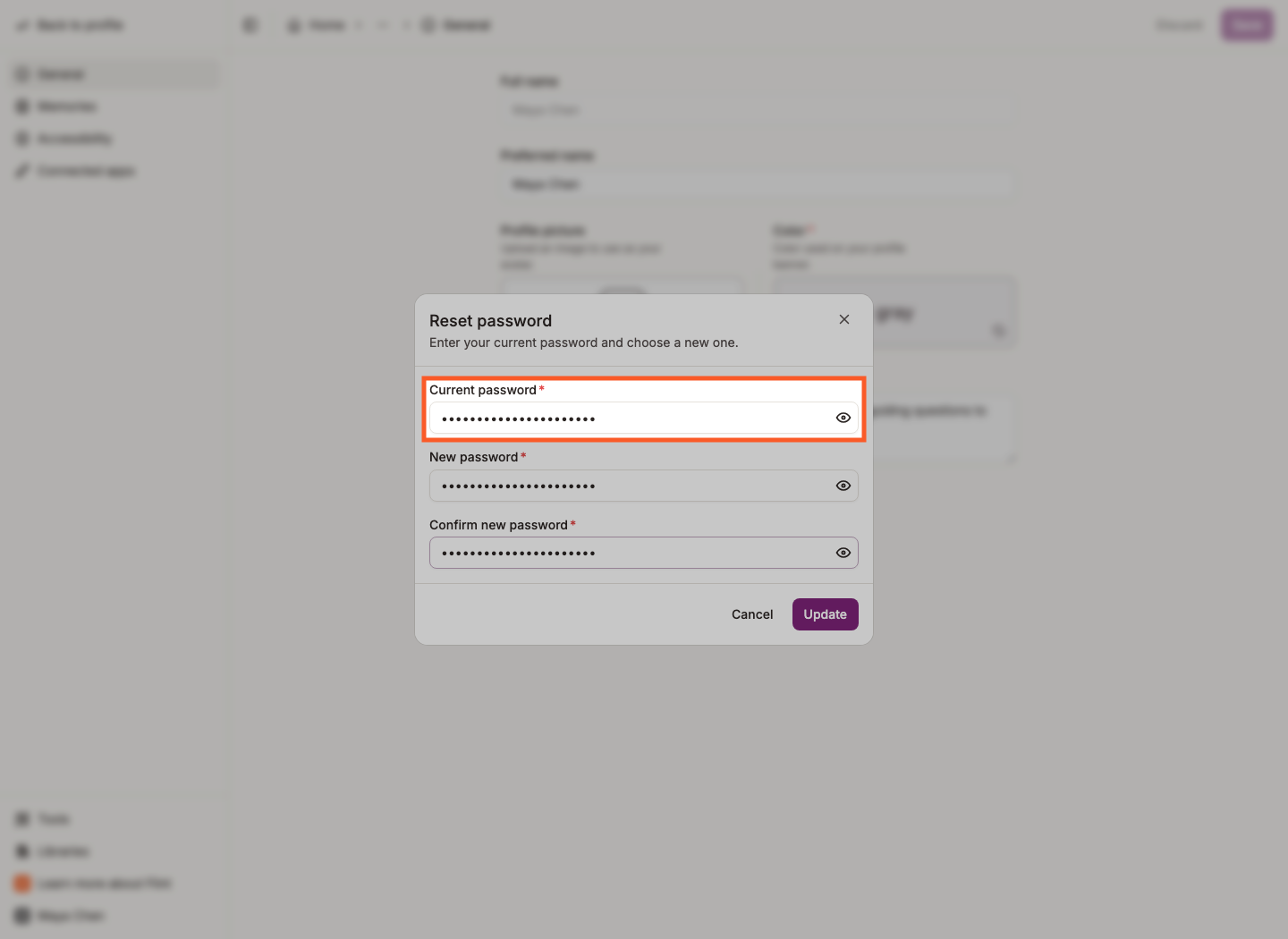 Reset password dialog with the Current password field filled in