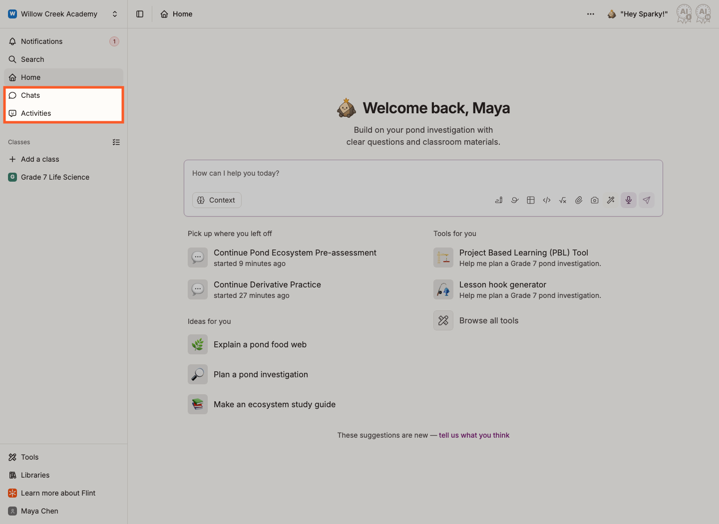 Chats and Activities in the home sidebar