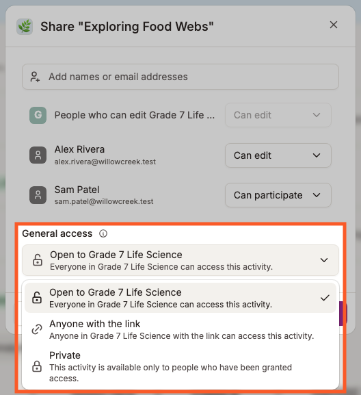 The General access dropdown in the Share activity dialog