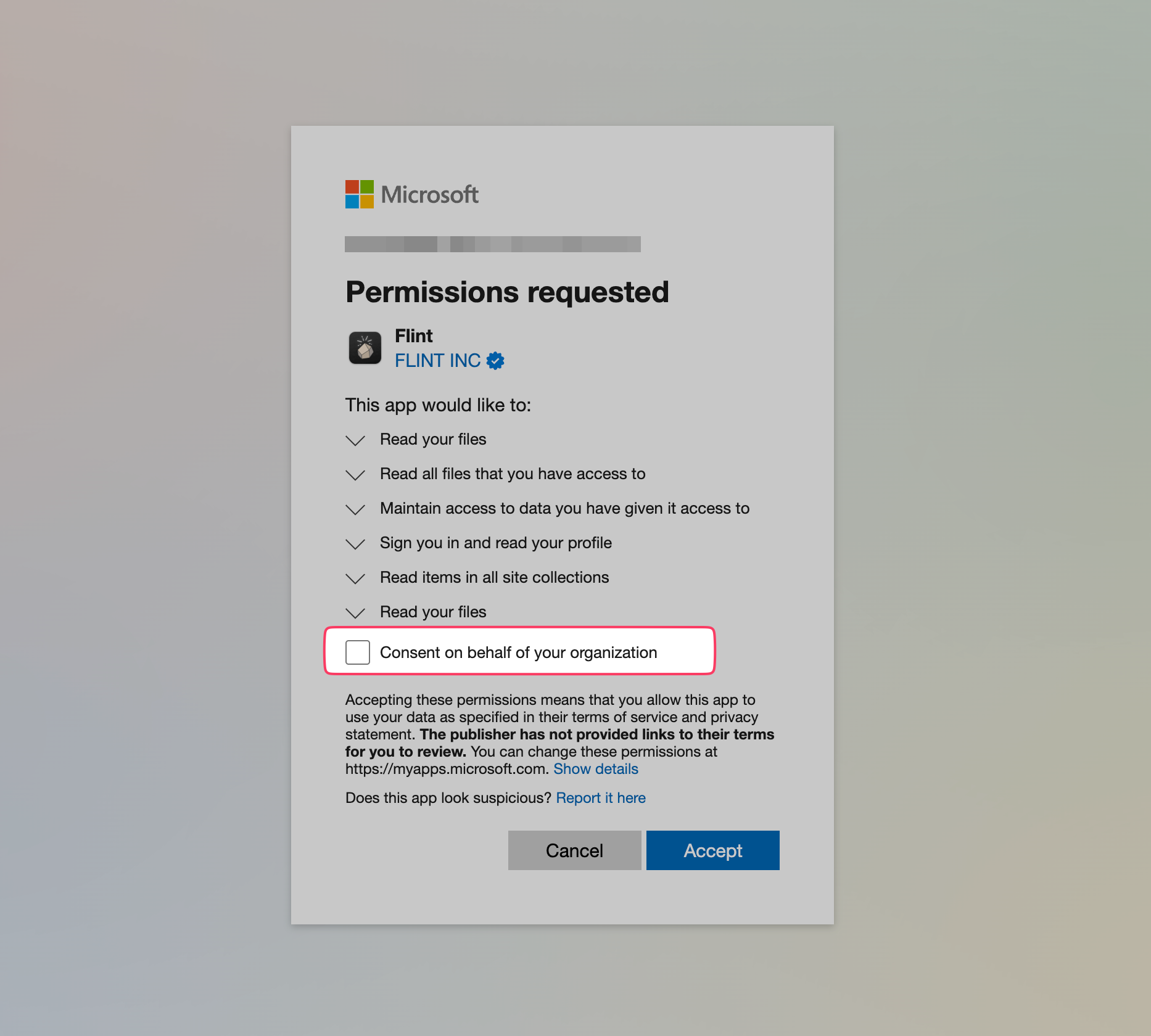An example of Microsoft's Permissions requested screen for Flint, with the "Consent on behalf of your organization" checkbox highlighted