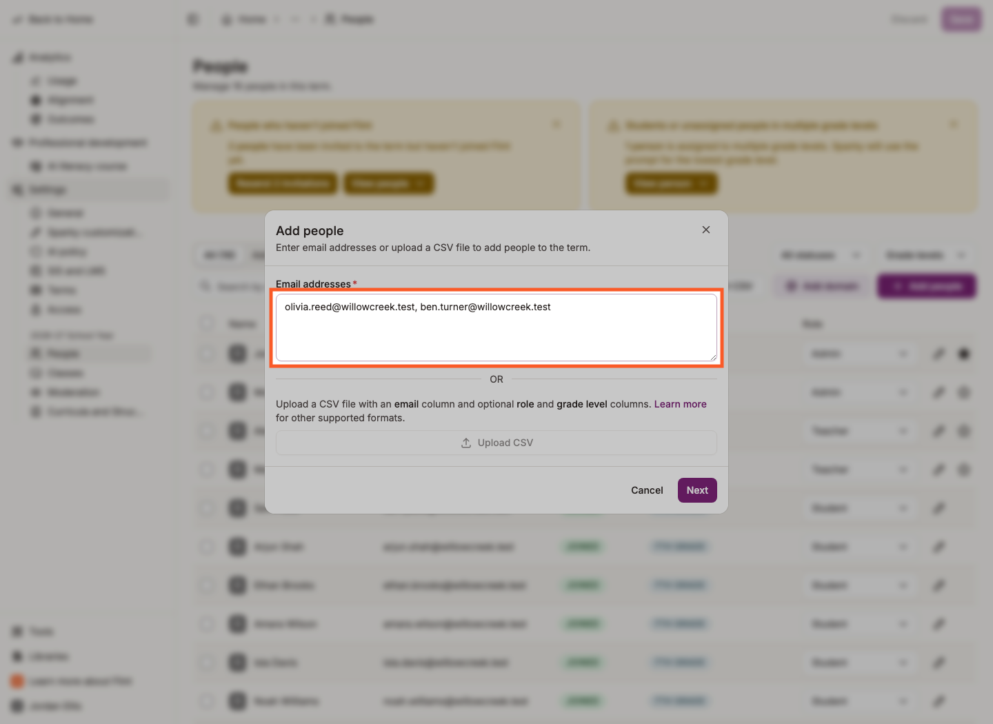 The Add people dialog with fictional teacher email addresses entered