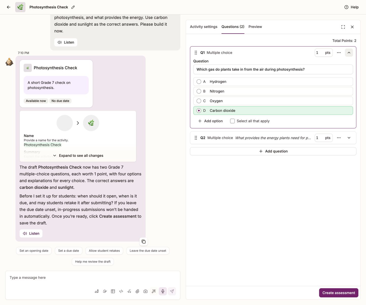 Questions tab showing two questions, point values and Add question